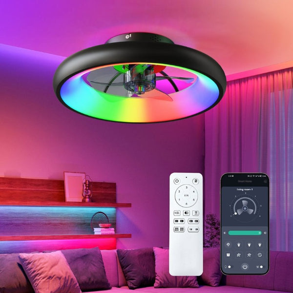 English Elm 19.3 Inch Flush Mount Ceiling Fan RGB LED Light Matte Black Low Profile Bedroom W3886P506877