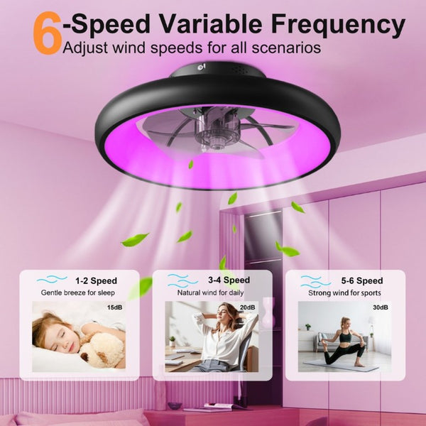English Elm 19.3 Inch Flush Mount Ceiling Fan RGB LED Light Matte Black Low Profile Bedroom W3886P506877