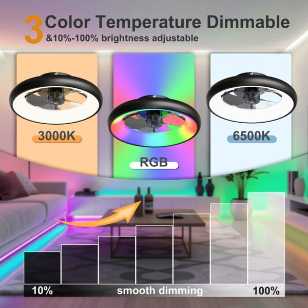 English Elm 19.3 Inch Flush Mount Ceiling Fan RGB LED Light Matte Black Low Profile Bedroom W3886P506877