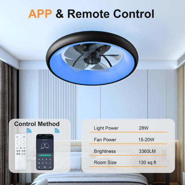 English Elm 19.3 Inch Flush Mount Ceiling Fan RGB LED Light Matte Black Low Profile Bedroom W3886P506877