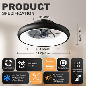 English Elm 19.3 Inch Flush Mount Ceiling Fan RGB LED Light Matte Black Low Profile Bedroom W3886P506877