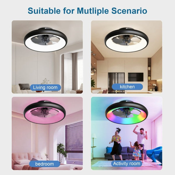 English Elm 19.3 Inch Flush Mount Ceiling Fan RGB LED Light Matte Black Low Profile Bedroom W3886P506877