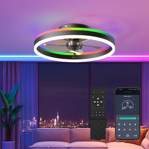 English Elm 23.6 Inch Flush Mount Fandelier RGB Ambient LED Ceiling Fan with Copper DC Motor Black W3886P556793