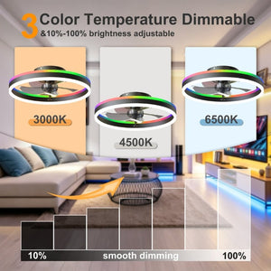 English Elm 23.6 Inch Flush Mount Fandelier RGB Ambient LED Ceiling Fan with Copper DC Motor Black W3886P556793