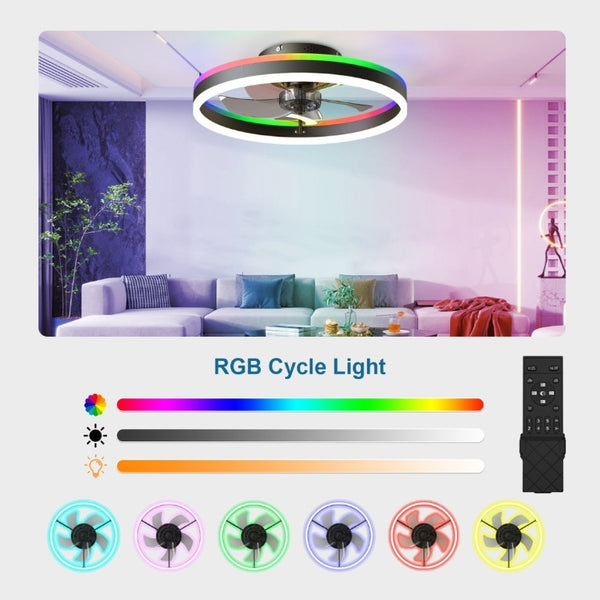 English Elm 23.6 Inch Flush Mount Fandelier RGB Ambient LED Ceiling Fan with Copper DC Motor Black W3886P556793