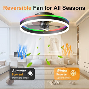 English Elm 23.6 Inch Flush Mount Fandelier RGB Ambient LED Ceiling Fan with Copper DC Motor Black W3886P556793