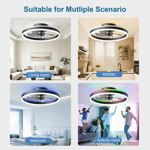 English Elm 23.6 Inch Flush Mount Fandelier RGB Ambient LED Ceiling Fan with Copper DC Motor Black W3886P556793