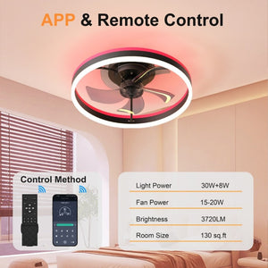 English Elm 23.6 Inch Flush Mount Fandelier RGB Ambient LED Ceiling Fan with Copper DC Motor Black W3886P556793