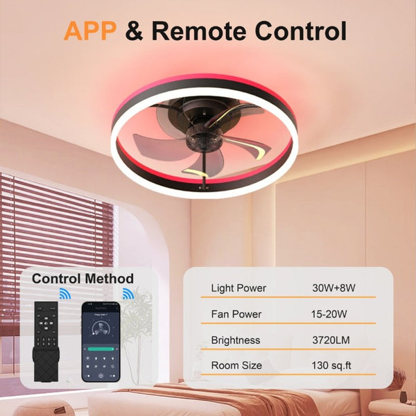 English Elm 23.6 Inch Flush Mount Fandelier RGB Ambient LED Ceiling Fan with Copper DC Motor Black W3886P556793