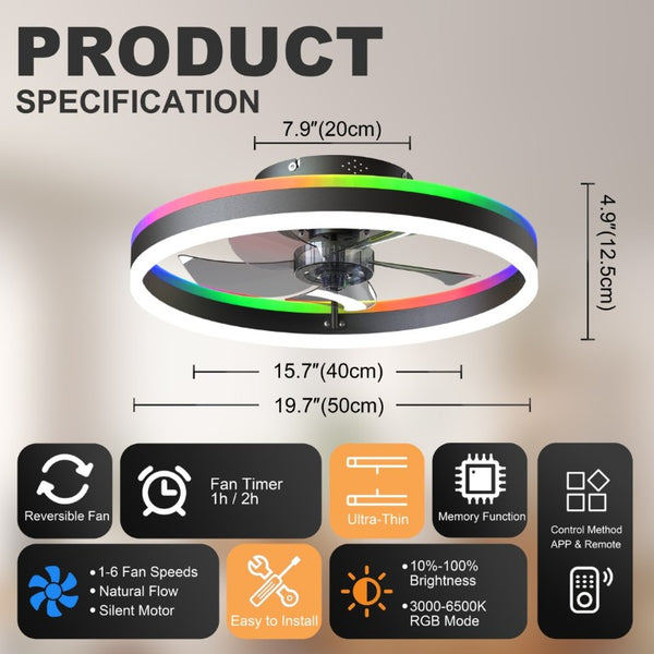 English Elm 23.6 Inch Flush Mount Fandelier RGB Ambient LED Ceiling Fan with Copper DC Motor Black W3886P556793