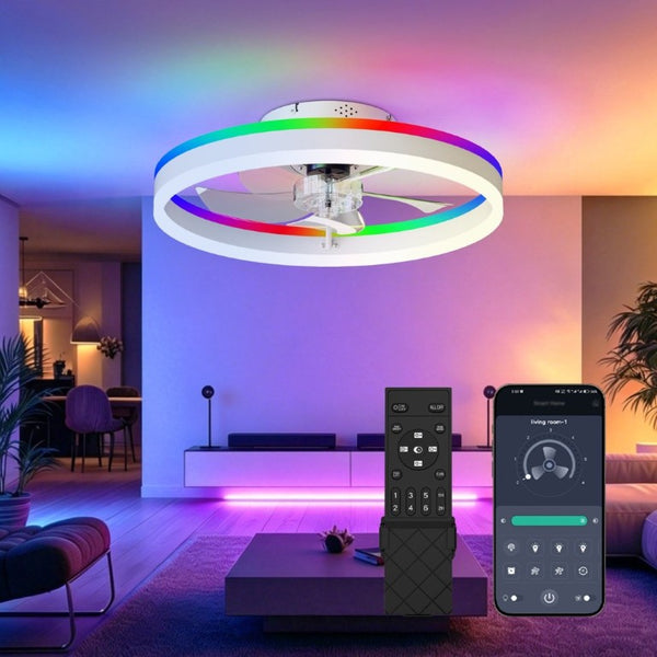 English Elm 23.6 Inch Flush Mount Fandelier RGB Ambient LED Ceiling Fan with Copper DC Motor White W3886P556794