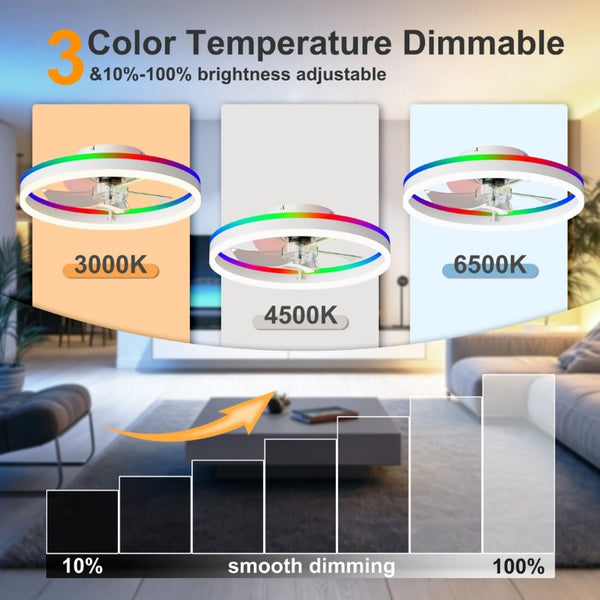 English Elm 23.6 Inch Flush Mount Fandelier RGB Ambient LED Ceiling Fan with Copper DC Motor White W3886P556794