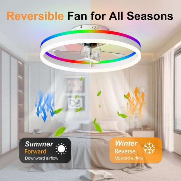 English Elm 23.6 Inch Flush Mount Fandelier RGB Ambient LED Ceiling Fan with Copper DC Motor White W3886P556794
