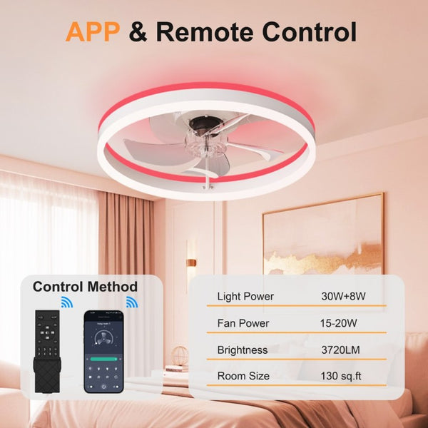 English Elm 23.6 Inch Flush Mount Fandelier RGB Ambient LED Ceiling Fan with Copper DC Motor White W3886P556794