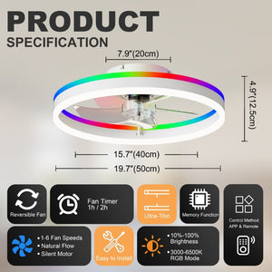 English Elm 23.6 Inch Flush Mount Fandelier RGB Ambient LED Ceiling Fan with Copper DC Motor White W3886P556794
