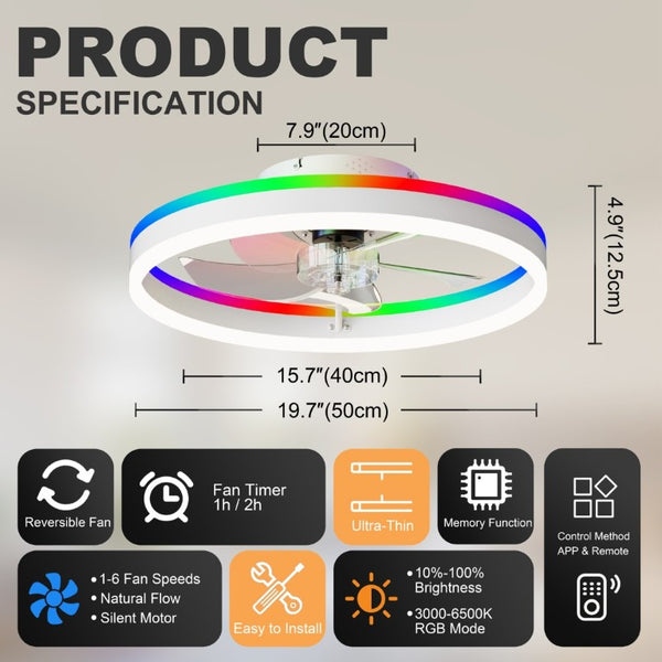 English Elm 23.6 Inch Flush Mount Fandelier RGB Ambient LED Ceiling Fan with Copper DC Motor White W3886P556794