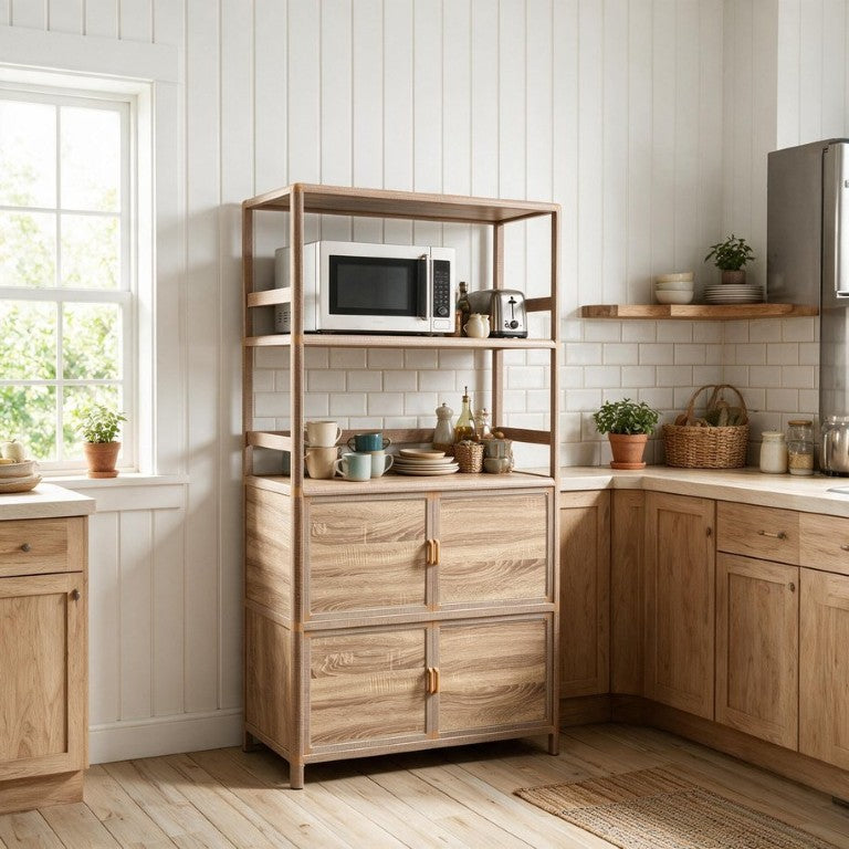 English Elm Tall Freestanding Wood Grain Aluminum Cabinet with Open Shelving for Kitchen or Garage W3895P551342