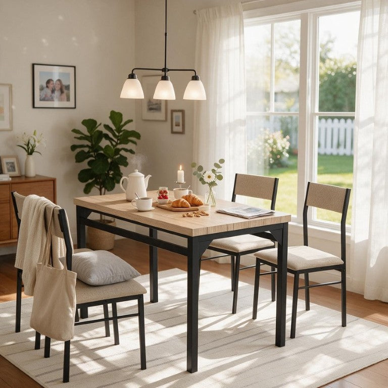 English Elm 5-Piece Modern Dining Set Seats Four with Linen Upholstered Chairs and Black Metal Frames W3895P551450