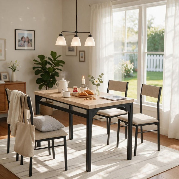 English Elm 5-Piece Modern Dining Set Seats Four with Linen Upholstered Chairs and Black Metal Frames W3895P551450
