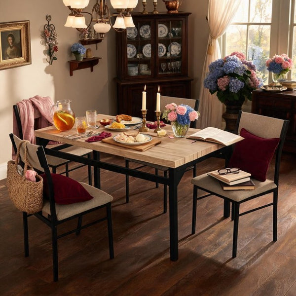 English Elm 5-Piece Modern Dining Set Seats Four with Linen Upholstered Chairs and Black Metal Frames W3895P551450