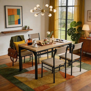English Elm 5-Piece Modern Dining Set Seats Four with Linen Upholstered Chairs and Black Metal Frames W3895P551450