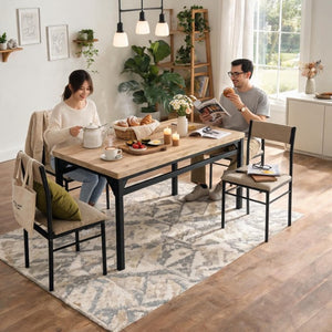 English Elm 5-Piece Modern Dining Set Seats Four with Linen Upholstered Chairs and Black Metal Frames W3895P551450