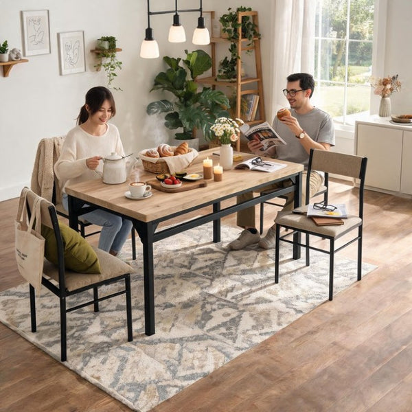English Elm 5-Piece Modern Dining Set Seats Four with Linen Upholstered Chairs and Black Metal Frames W3895P551450