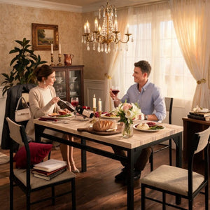 English Elm 5-Piece Modern Dining Set Seats Four with Linen Upholstered Chairs and Black Metal Frames W3895P551450