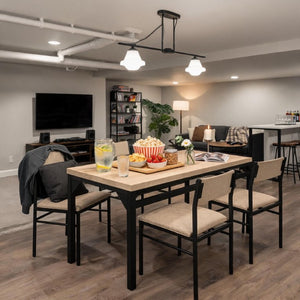 English Elm 5-Piece Modern Dining Set Seats Four with Linen Upholstered Chairs and Black Metal Frames W3895P551450