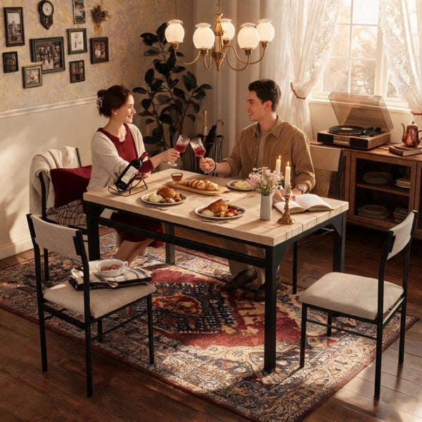 English Elm 5-Piece Modern Dining Set Seats Four with Linen Upholstered Chairs and Black Metal Frames W3895P551450