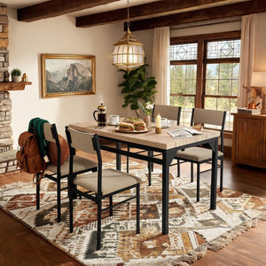 English Elm 5-Piece Modern Dining Set Seats Four with Linen Upholstered Chairs and Black Metal Frames W3895P551450