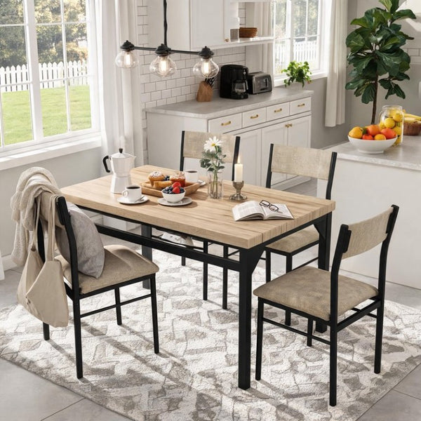 English Elm 5-Piece Modern Dining Set Seats Four with Linen Upholstered Chairs and Black Metal Frames W3895P551450