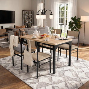 English Elm 5-Piece Modern Dining Set Seats Four with Linen Upholstered Chairs and Black Metal Frames W3895P551450
