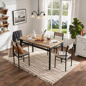 English Elm 5-Piece Modern Dining Set Seats Four with Linen Upholstered Chairs and Black Metal Frames W3895P551450