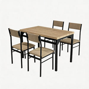 English Elm 5-Piece Modern Dining Set Seats Four with Linen Upholstered Chairs and Black Metal Frames W3895P551450