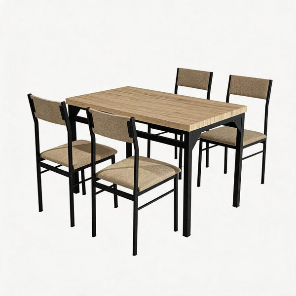 English Elm 5-Piece Modern Dining Set Seats Four with Linen Upholstered Chairs and Black Metal Frames W3895P551450