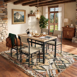 English Elm 5-Piece Modern Dining Set Seats Four with Linen Upholstered Chairs and Black Metal Frames W3895P551450
