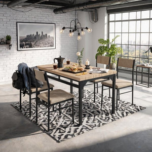 English Elm 5-Piece Modern Dining Set Seats Four with Linen Upholstered Chairs and Black Metal Frames W3895P551450