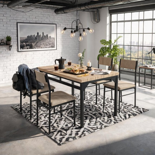 English Elm 5-Piece Modern Dining Set Seats Four with Linen Upholstered Chairs and Black Metal Frames W3895P551450