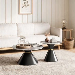 English Elm Round Sintered Stone Nesting Tables Marble Look Iron Pedestal Glam Living Room Pair Black+Gold W3895S00005