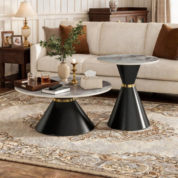 English Elm Round Sintered Stone Nesting Tables Marble Look Iron Pedestal Glam Living Room Pair Black+Gold W3895S00005