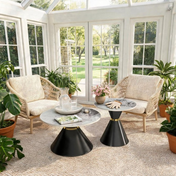 English Elm Round Sintered Stone Nesting Tables Marble Look Iron Pedestal Glam Living Room Pair Black+Gold W3895S00005