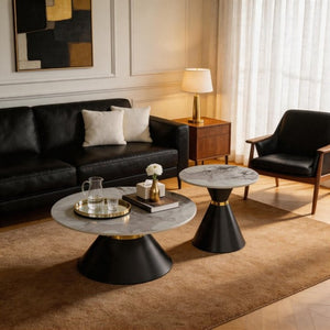 English Elm Round Sintered Stone Nesting Tables Marble Look Iron Pedestal Glam Living Room Pair Black+Gold W3895S00005