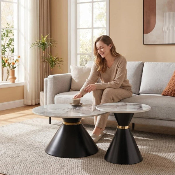 English Elm Round Sintered Stone Nesting Tables Marble Look Iron Pedestal Glam Living Room Pair Black+Gold W3895S00005