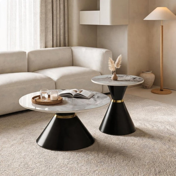 English Elm Round Sintered Stone Nesting Tables Marble Look Iron Pedestal Glam Living Room Pair Black+Gold W3895S00005