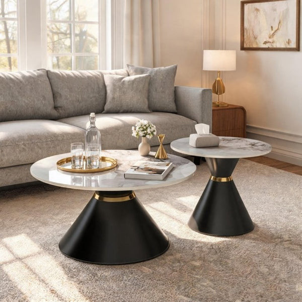 English Elm Round Sintered Stone Nesting Tables Marble Look Iron Pedestal Glam Living Room Pair Black+Gold W3895S00005