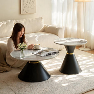 English Elm Round Sintered Stone Nesting Tables Marble Look Iron Pedestal Glam Living Room Pair Black+Gold W3895S00005