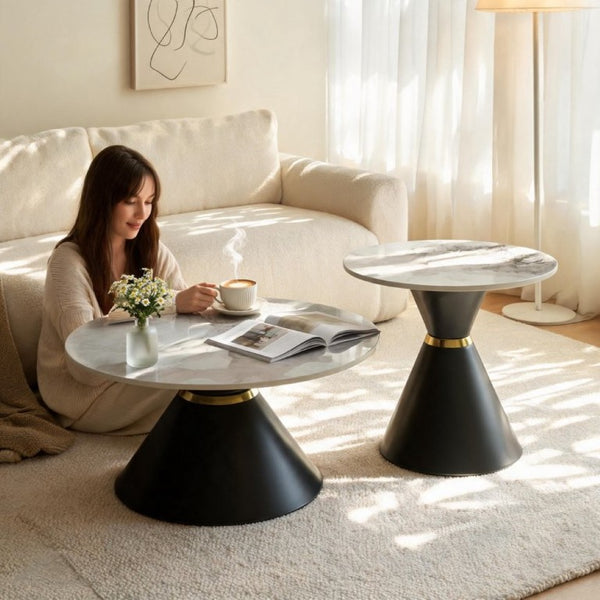 English Elm Round Sintered Stone Nesting Tables Marble Look Iron Pedestal Glam Living Room Pair Black+Gold W3895S00005
