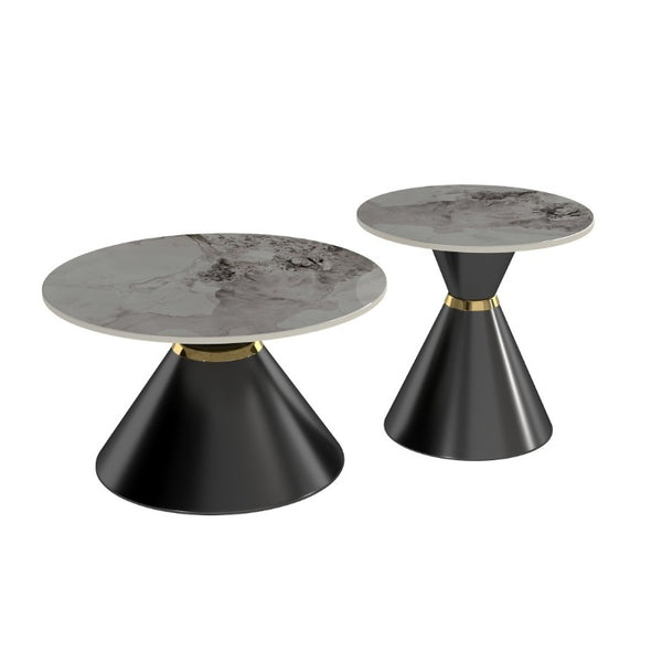 English Elm Round Sintered Stone Nesting Tables Marble Look Iron Pedestal Glam Living Room Pair Black+Gold W3895S00005