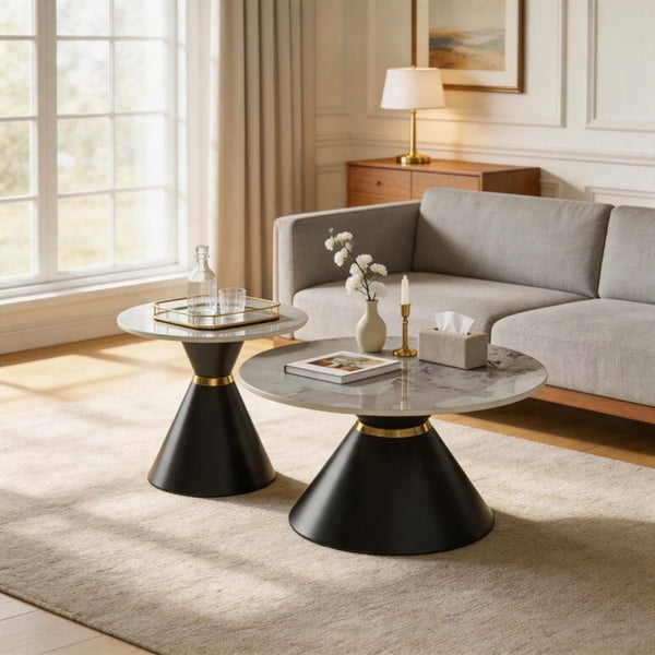 English Elm Round Sintered Stone Nesting Tables Marble Look Iron Pedestal Glam Living Room Pair Black+Gold W3895S00005